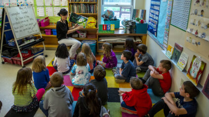 Teacher reading to a class of elementary school students
