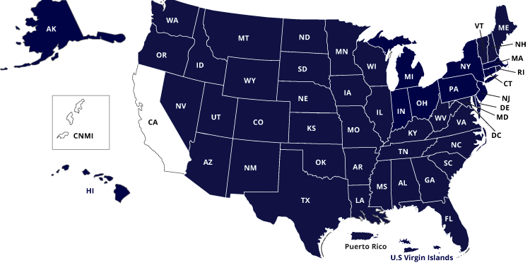 National Council for State Authorization Reciprocity Agreements map showing that all US locations except for California and Camin Islands
