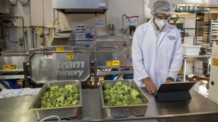 Man working on computer in broccoli processing plant