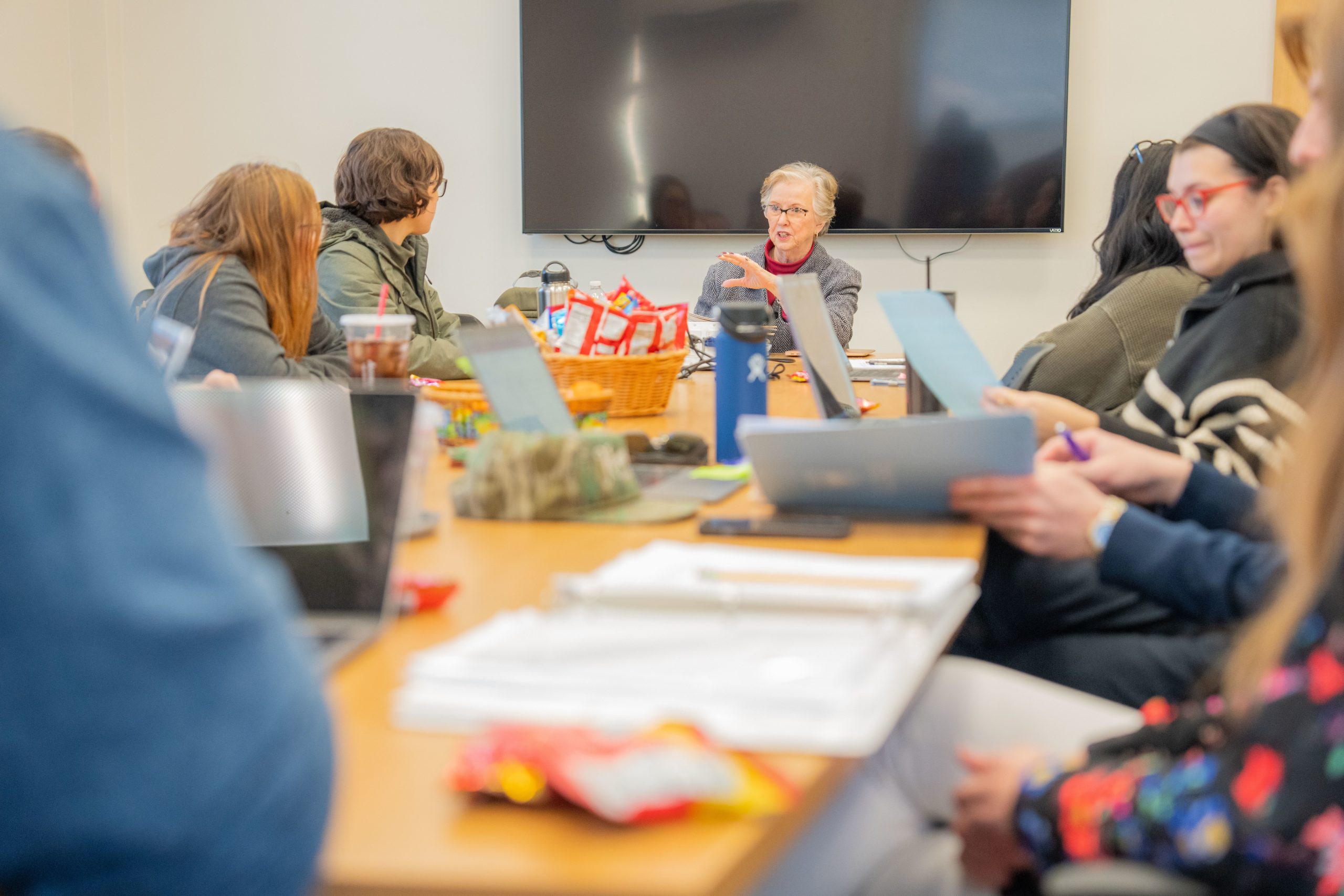 Teachers talking in a classroom